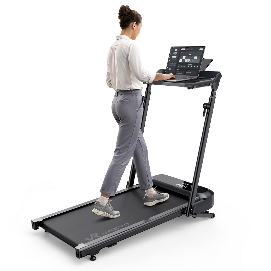 A woman walks on the FoldiMix 5L Smart Treadmill, using its built-in tablet interface.
