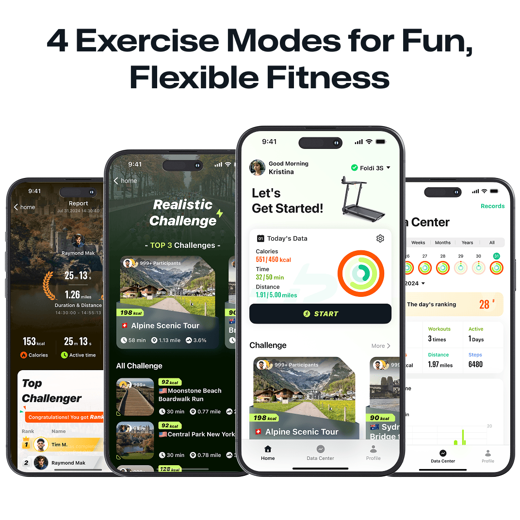 The UREVO app offers 4 exercise modes for fun, flexible fitness, including realistic challenges and data tracking.