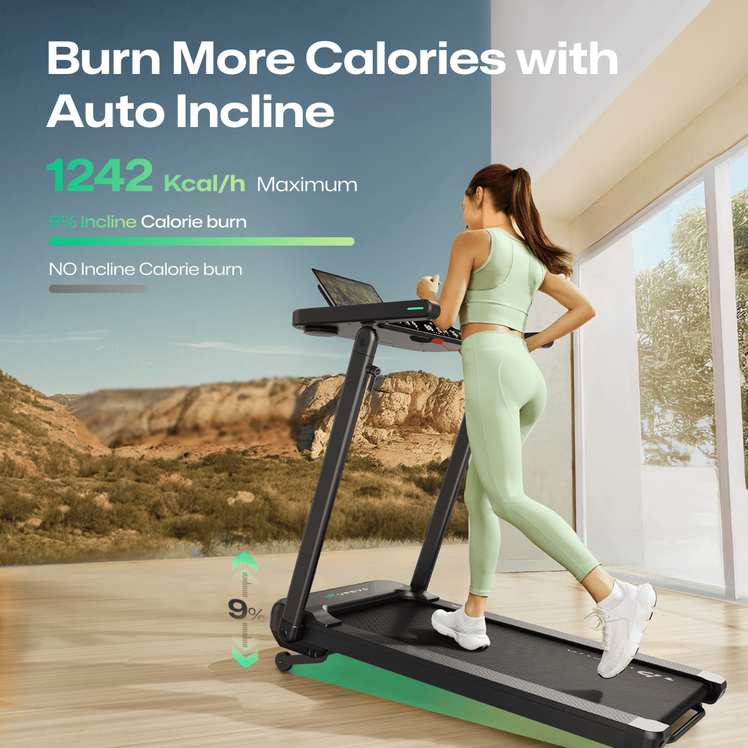 The UREVO Foldi 3S Treadmill offers auto incline to burn up to 1242 Kcal/h, enhancing calorie burn for effective workouts.