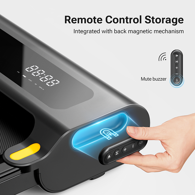 UREVO Spacewalk Lite treadmill with remote control storage and integrated magnetic mechanism.