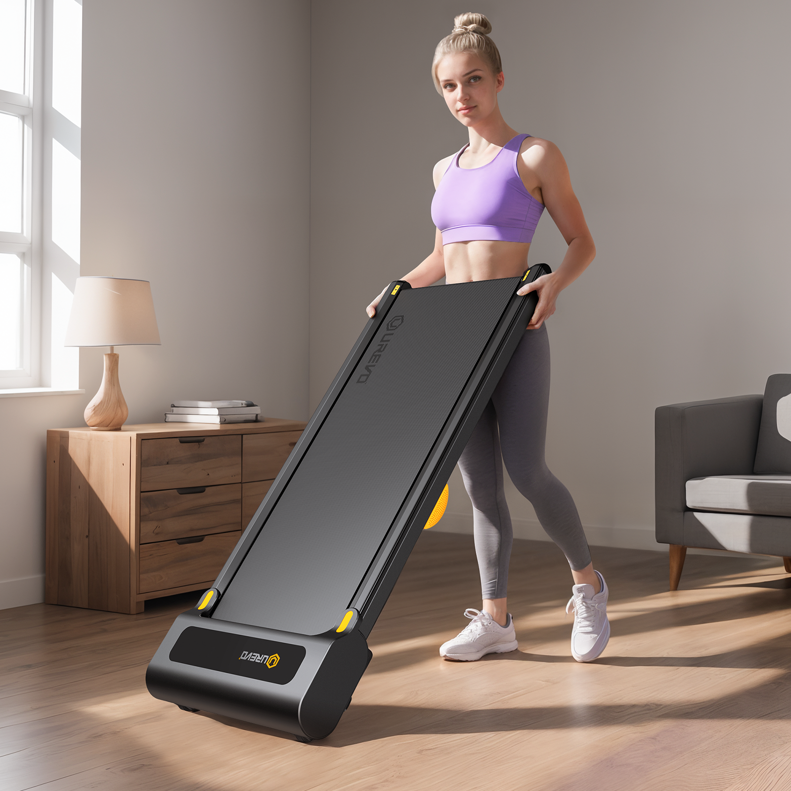UREVO Spacewalk Lite treadmill, easily foldable for compact storage in any home space.