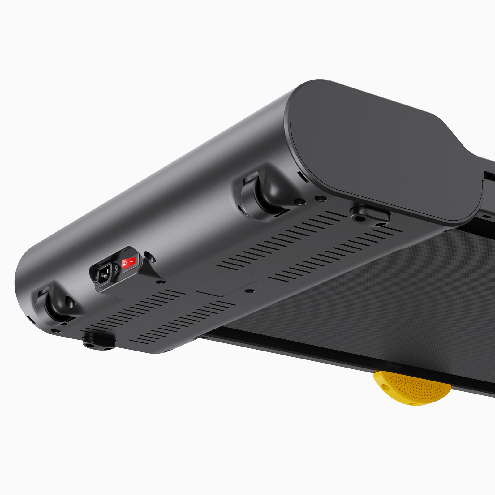 UREVO Spacewalk Lite treadmill, showcasing the power switch and ventilation slots.