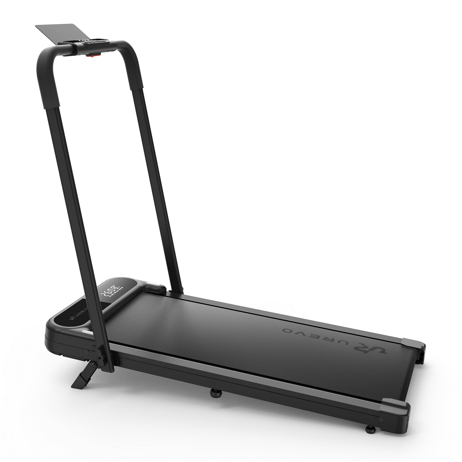 Black UREVO folding treadmill.