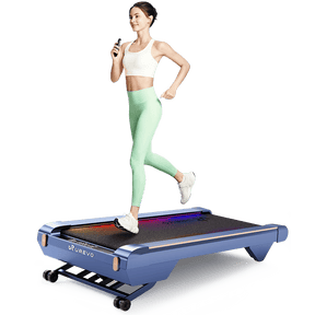 A woman is running on a UREVO CyberPad for Home Treadmill, wearing sportswear.