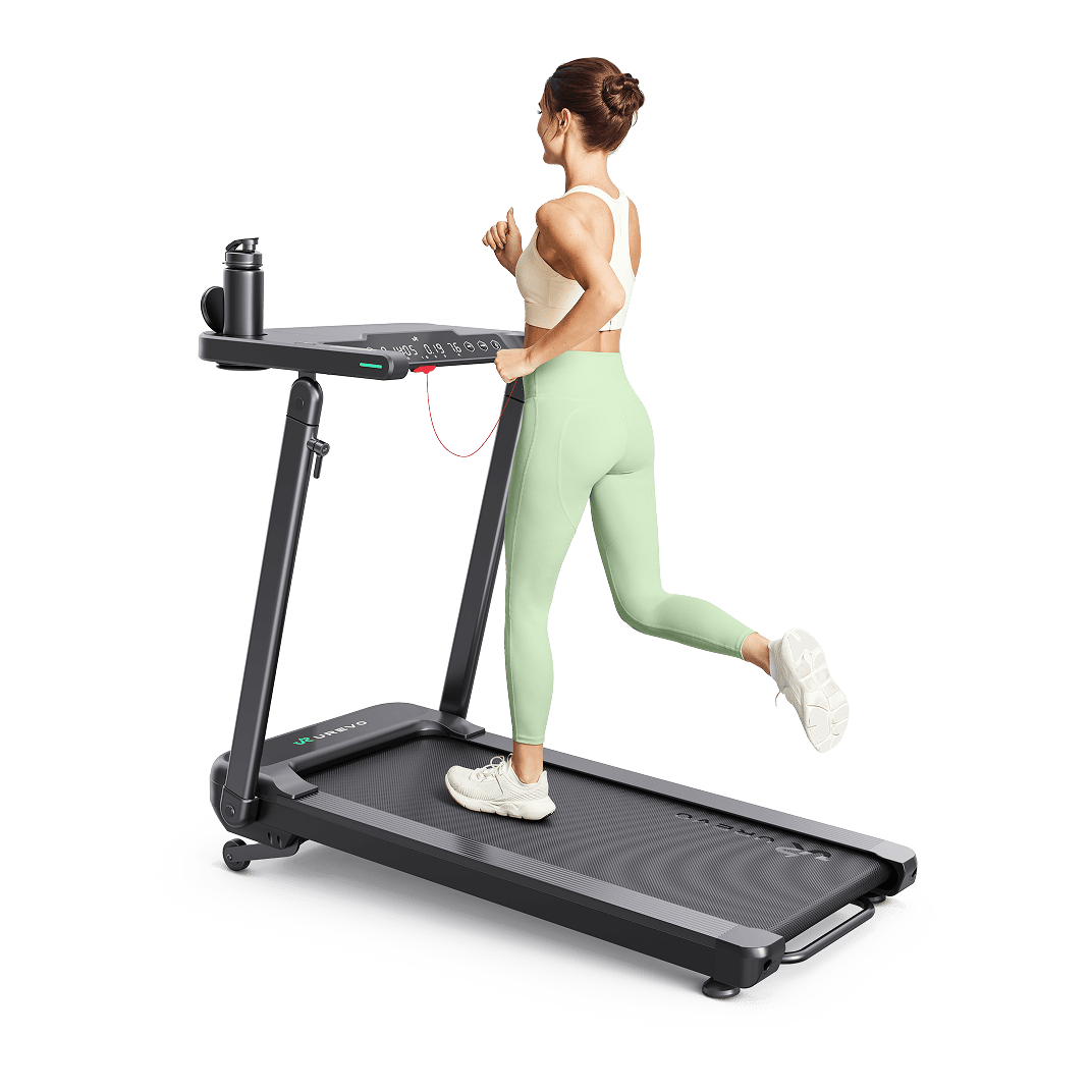A woman runs on a UREVO Foldi 3S Treadmill, showcasing its compact design and smooth running surface.