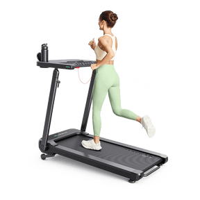 A woman runs on a UREVO Foldi 3S Treadmill, showcasing its compact design and smooth running surface.