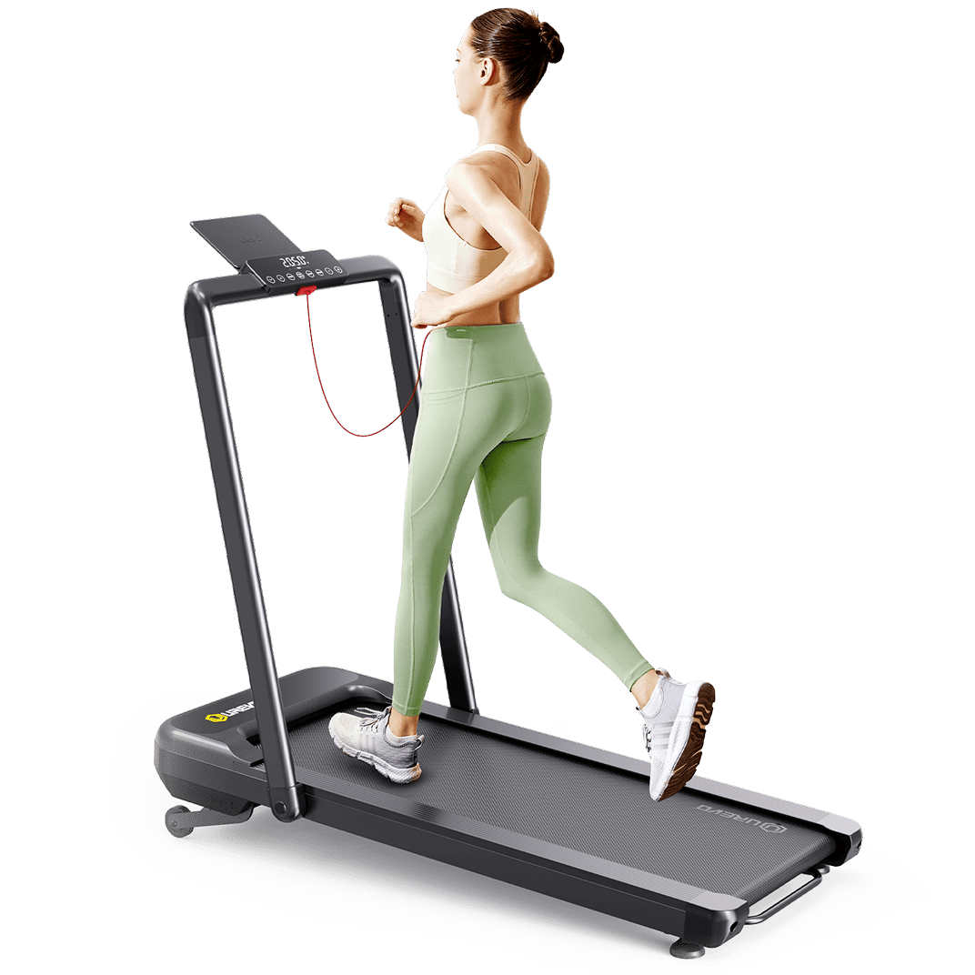 A woman runs on a UREVO Strol 2S Pro Treadmill, showcasing its sleek design and comfortable running surface.